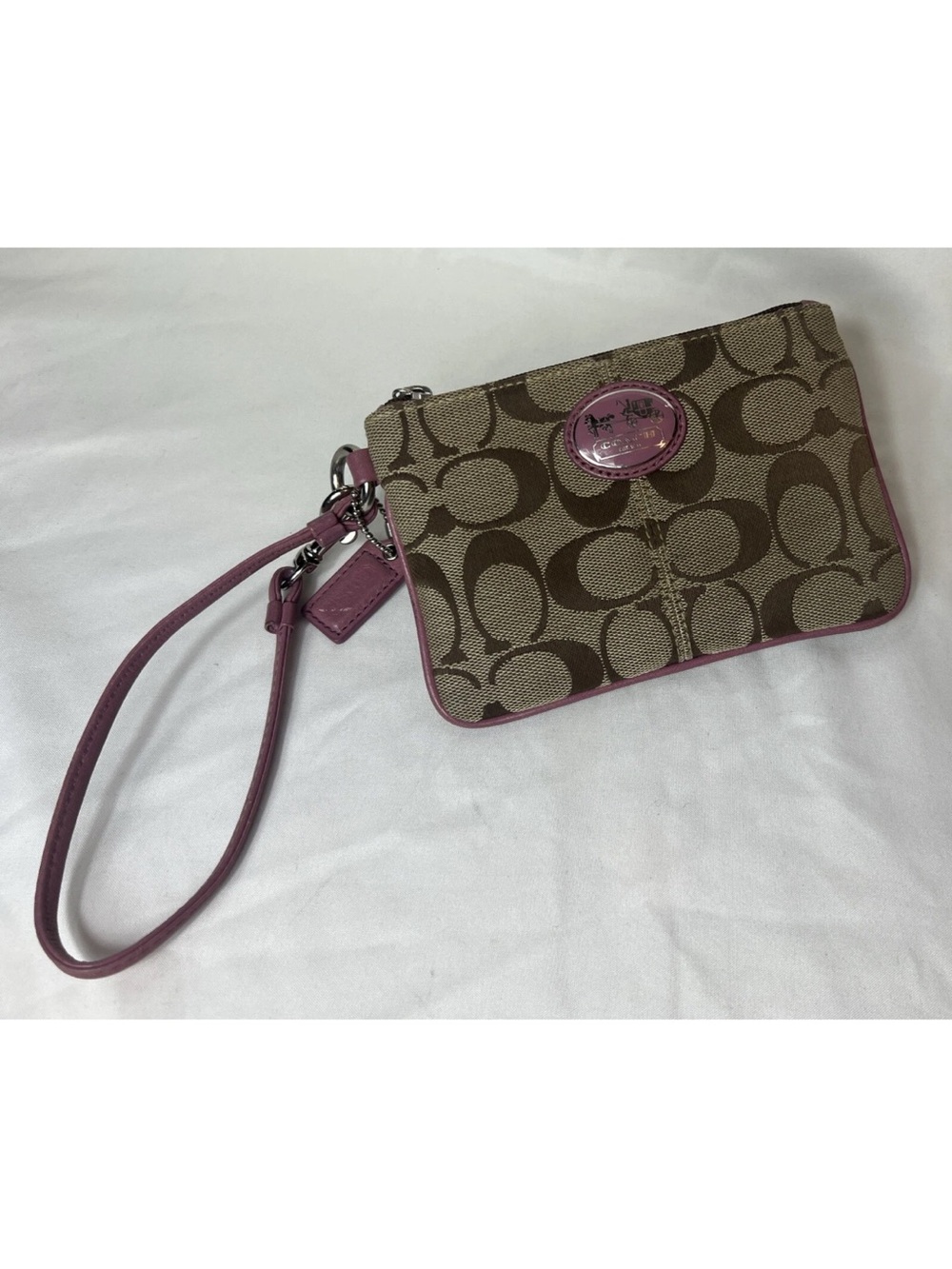 Coach Brown Signature Canvas Wristlet with Pink Trim